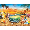 A 1000-piece jigsaw puzzle depicting a vintage scene at the beach with an old woody station wagon and people enjoying a picnic.