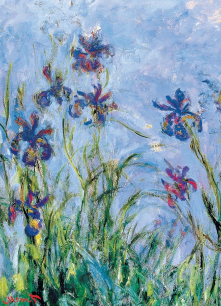A completed puzzle depicting a field of irises with vibrant blue and purple flowers against a blue sky.