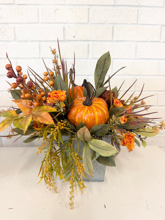 Silk floral rust orange hidden pumpkin centerpiece 18 inch handmade for farmhouse traditional fall home decor from Magnolias Home Decor