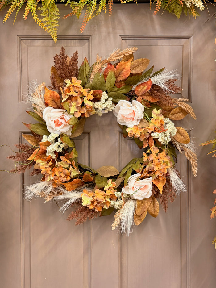 24" Mixed Leaf Flower & Grass Wreath