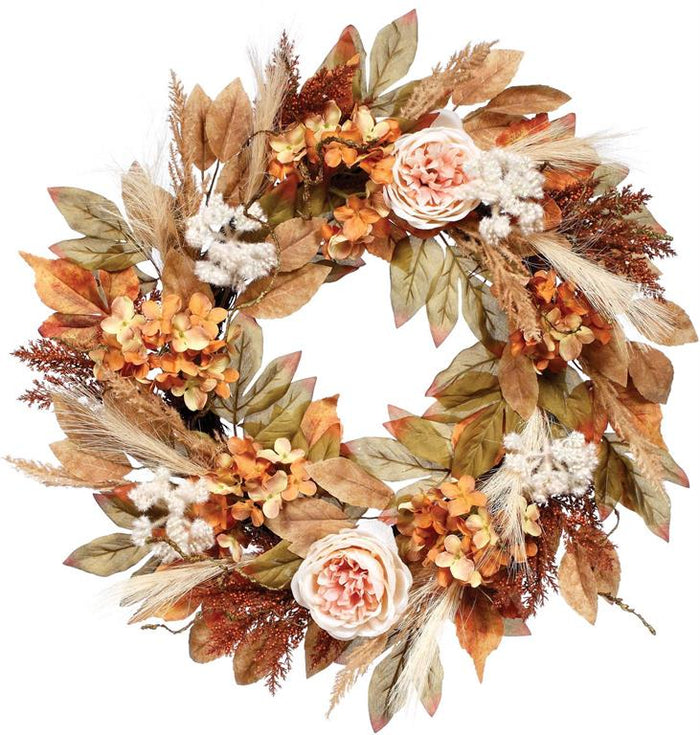 24" mixed leaf flower & grass wreath for farmhouse Fall home decor from Magnolias Home Decor