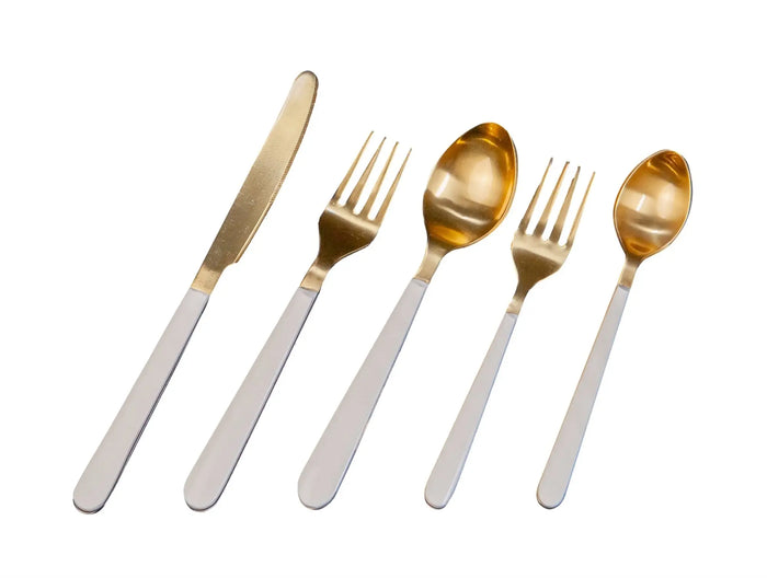 5-piece flatware place setting with a gold finish and modern white resin handles, presented neatly in a gift box.