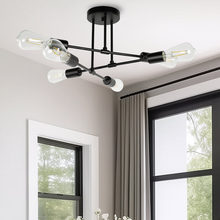 6-Light Semi Flush Mount, Black Sputnik Modern Linear - [lohasled]