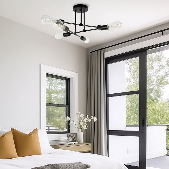 6-Light Semi Flush Mount, Black Sputnik Modern Linear - [lohasled]