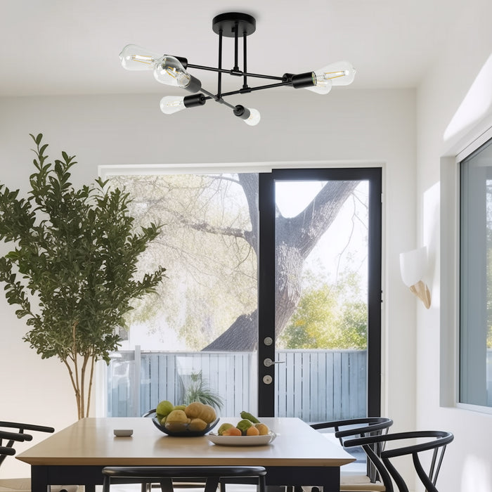 6-Light Semi Flush Mount, Black Sputnik Modern Linear - [lohasled]