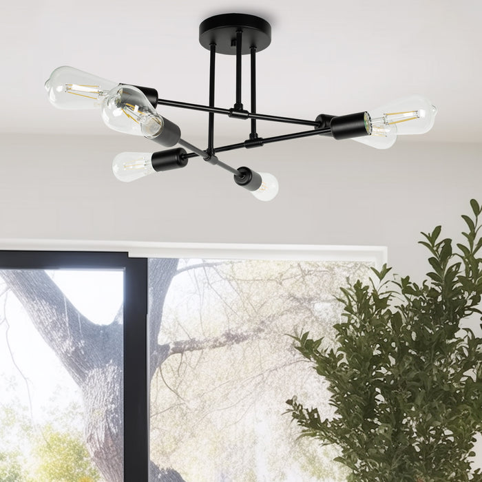 6-Light Semi Flush Mount, Black Sputnik Modern Linear - [lohasled]