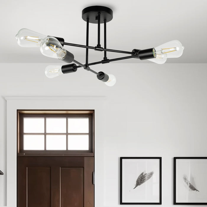 6-Light Semi Flush Mount, Black Sputnik Modern Linear - [lohasled]