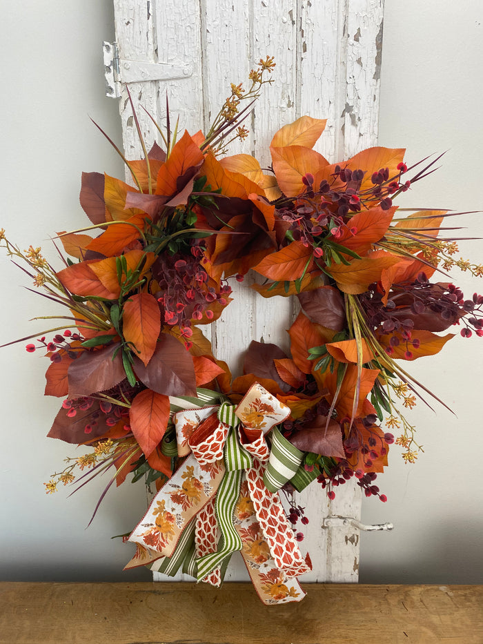 Silk floral orange rust burst of orange wreath 30 inch handmade for farmhouse traditional fall home decor from Magnolias Home Decor