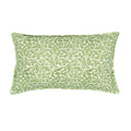 A green and cream linen cushion with a damask pattern.