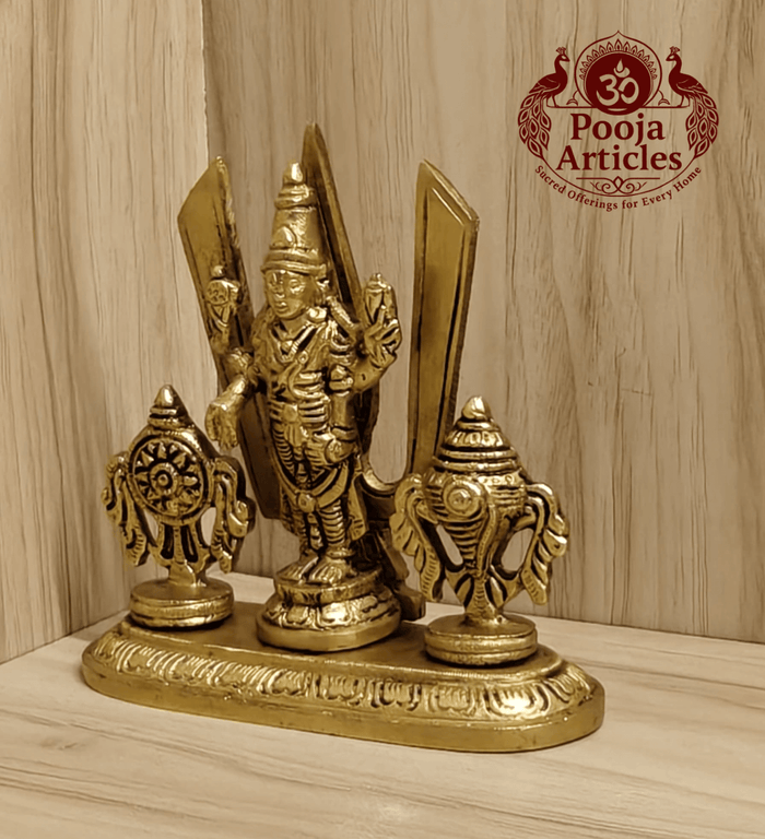 Brass Shankh Chakra Stand with Perumal Idol 4.7 Inch