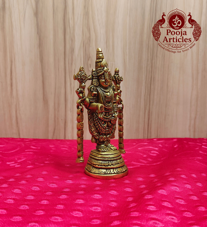 Premium Brass Tirupati Balaji Statue 5.7 inch - front view with dimensions