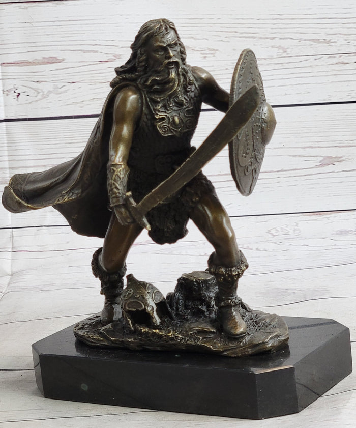 Bronze European Warrior with Sword Sculpture Rare Marble Base Figurine Home Deco