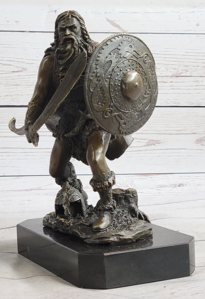 Bronze European Warrior with Sword Sculpture Rare Marble Base Figurine Home Deco