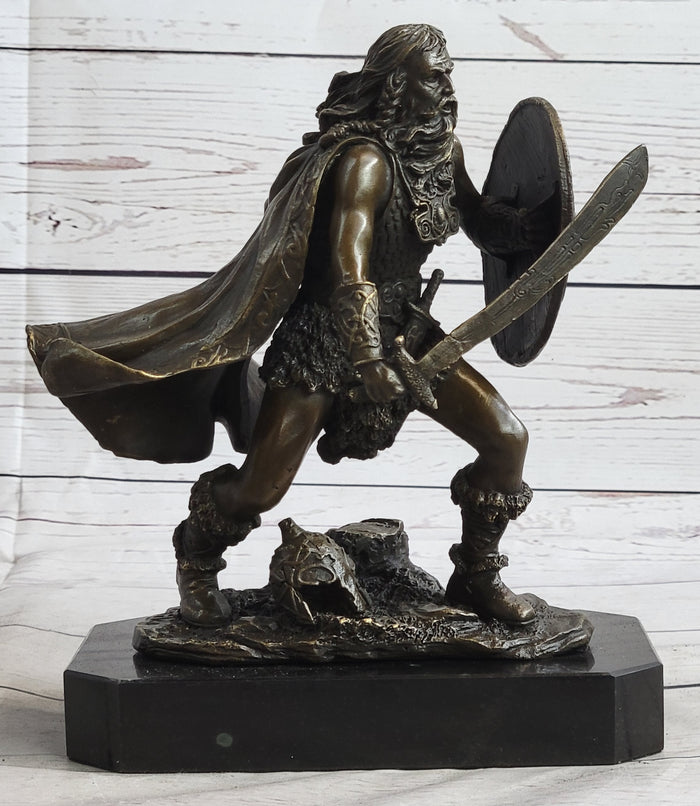 Bronze European Warrior with Sword Sculpture Rare Marble Base Figurine Home Deco