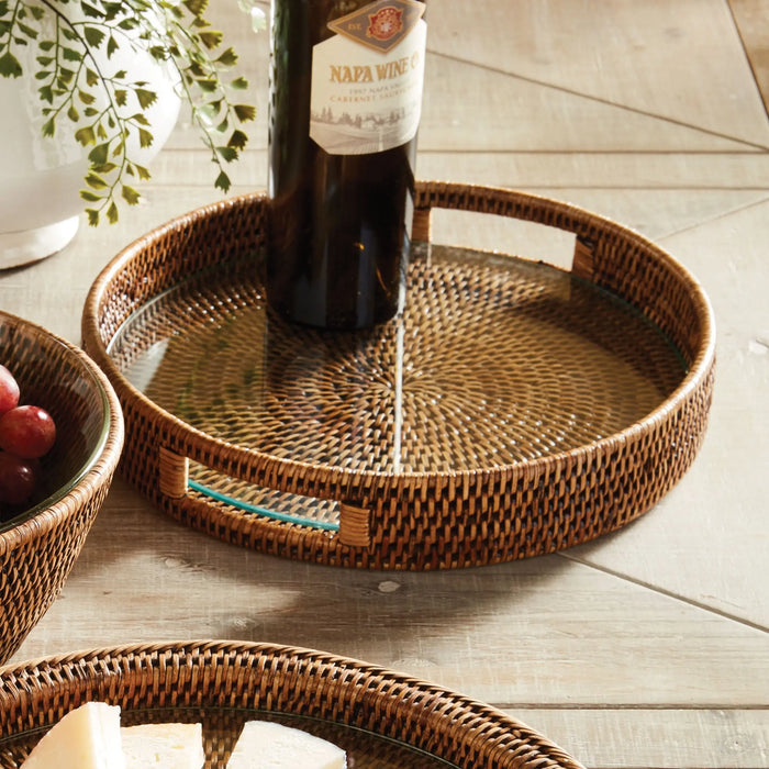 BURMA RATTAN ROUND SERVING TRAY - warm brown - MEDIUM