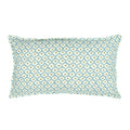 A blue, yellow and cream linen cushion with a trellis pattern.