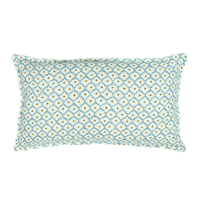 A blue, yellow and cream linen cushion with a trellis pattern.
