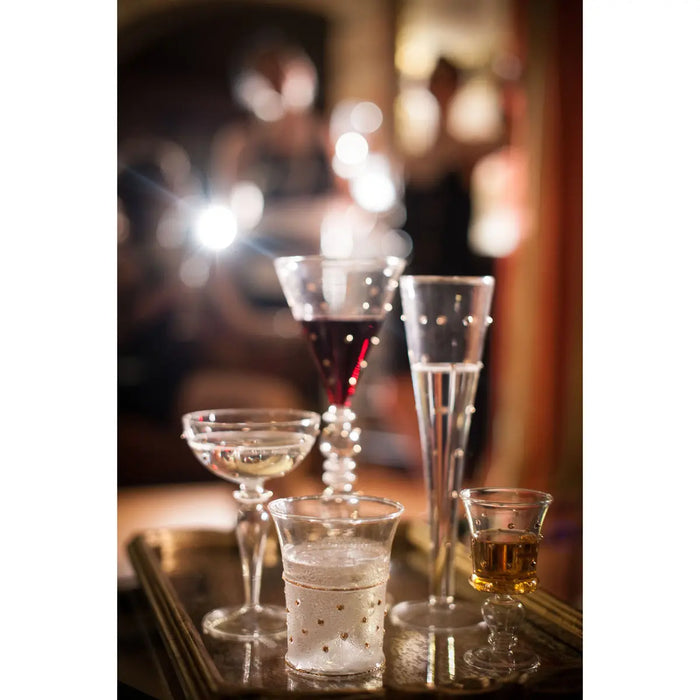 Elegant bar glasses, unique champagne flutes, wedding gifts, entertaining, glassware, champagne flutes, Gatsby Champagne Flute, Gold Dots2