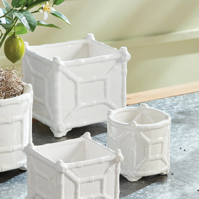 Chinoiserie Round Bamboo Cachepot - Classic White Ceramic Planter (Small or Large) - Villa Decor & Design