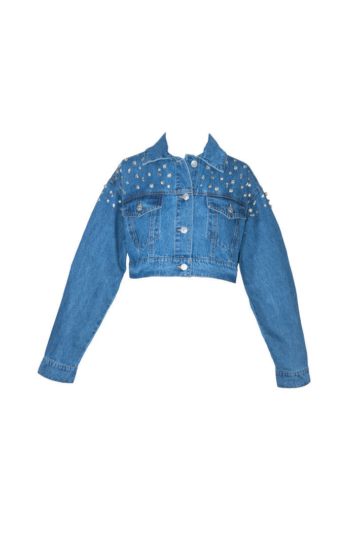 Cropped Rhinestone Denim Jacket