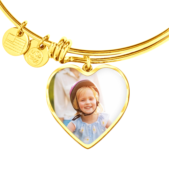 Custom Photo Gold Heart Charm Bangle Bracelet