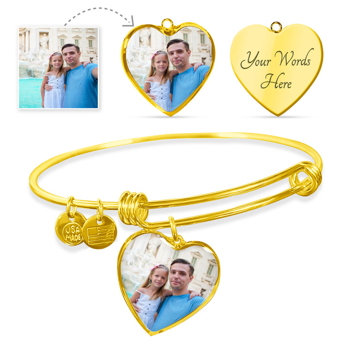Custom Photo Gold Heart Charm Bangle Bracelet