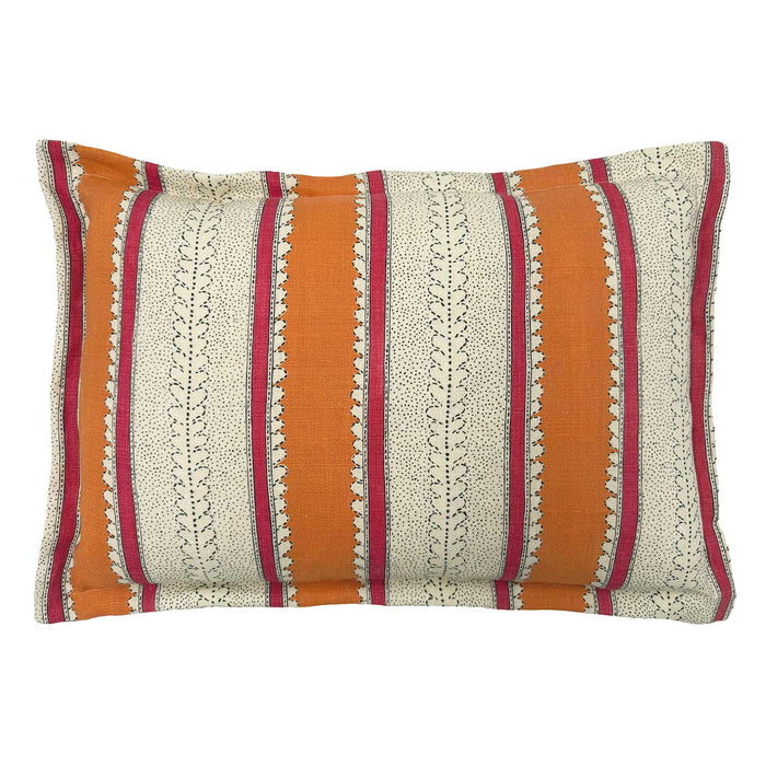 Linwood cushion in Dimty, in Fruit Salad colourway. Overhead view showing the full front design, featuring warm orange and raspberry red bands with subtle dots and dashes.