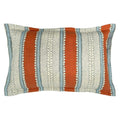 Linwood cushion in Dimity, Rust colourway. Overhead view showing the full front design, featuring warm rust orange and pale blue bands with subtle dots and dashes.