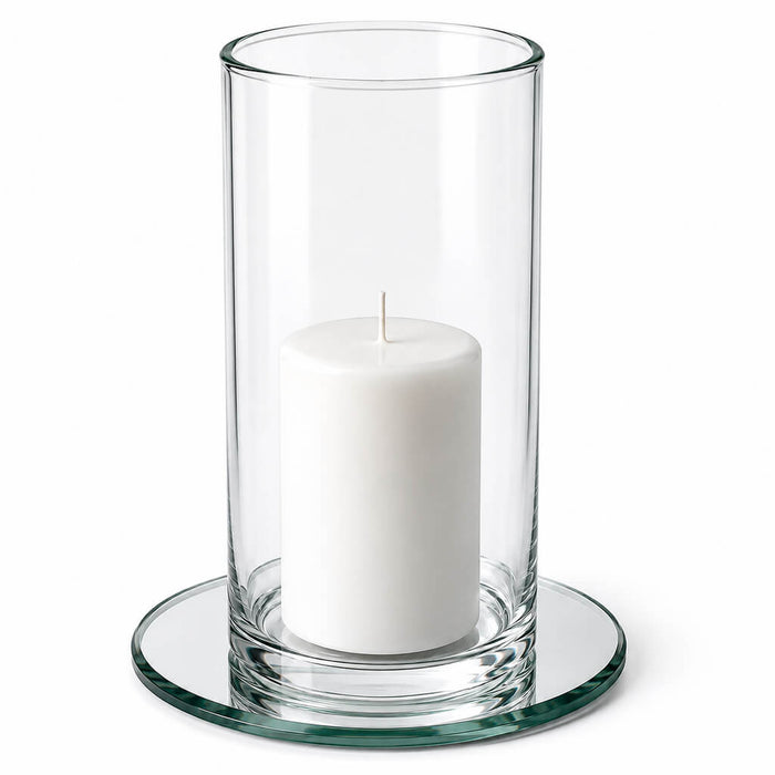 5" Round Mirror Coaster with a white pillar candle in a glass cylinder vase
