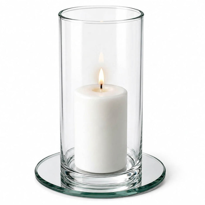 5" Round Mirror Coaster with a lit candle in a glass cylinder vase