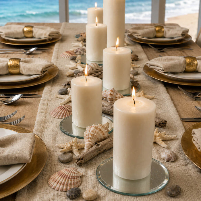 Lit pillar candles on 5 inch round mirror trays surrounded by seashells on a dining table