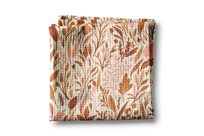 Cotton waffle orange pink fall boho leaves kitchen tea towel for cottagecore transitional home decor from Magnolias Home Decor