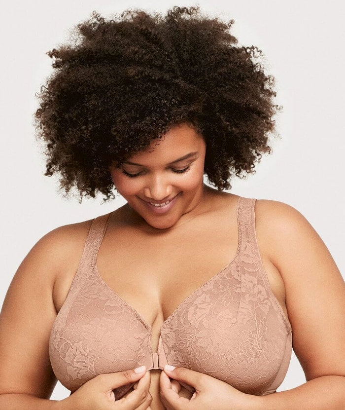 Glamorise Lacey T-Back Front-Closure WonderWire Bra - Cappuccino Bras