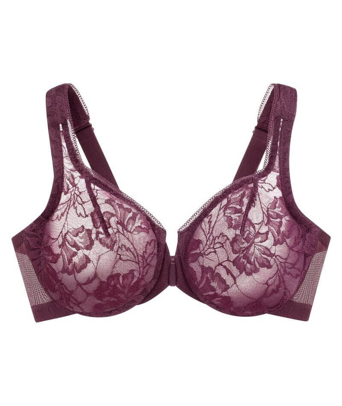 Glamorise Lacey T-Back Front-Closure WonderWire Bra - Plum Bras
