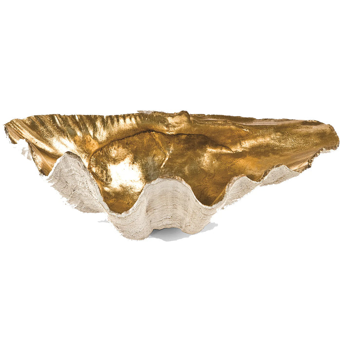 Regina Andrew Golden Clam Bowl, showing the large decorative shell dish with a natural exterior and a shining, hand-finished gold interior.