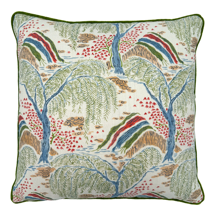Linwood cushion in Gwendolyn, Cranberry colourway. Overhead view showing the full front design,  featuring fine design details, such as fine leaves and restrained hues.