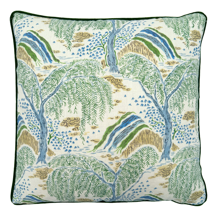 Linwood cushion in Gwendolyn, Emerald  colourway. Overhead view showing the full front design,  featuring fine design details, such as fine leaves and restrained hues.
