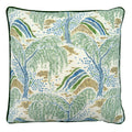 Linwood cushion in Gwendolyn, Emerald  colourway. Overhead view showing the full front design,  featuring fine design details, such as fine leaves and restrained hues.