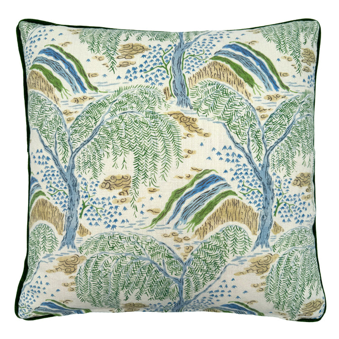 Close-up side view of Linwood cushion in Gwendolyn, Emerald  showing fabric texture and piping in a deluxe green velvet.