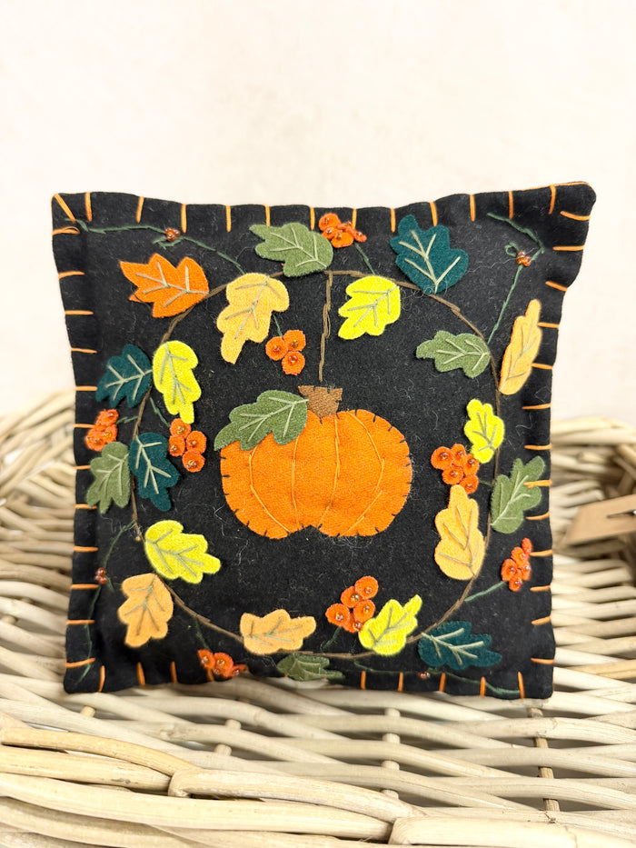 Cotton handmade black pumpkin leaves embroidered pillow 8 x 8 inch for traditional farmhouse fall home decor from Magnolias Home Decor