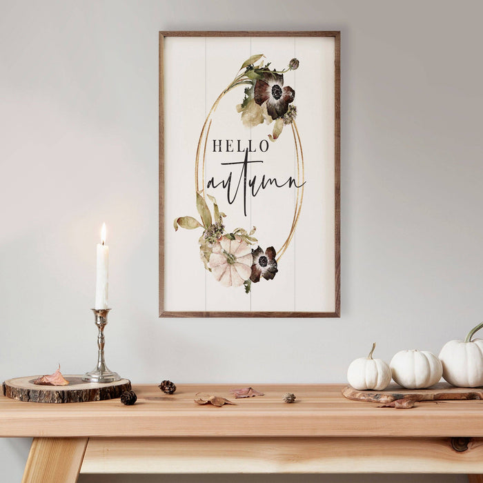 Hello Autumn Wreath White Wood Art