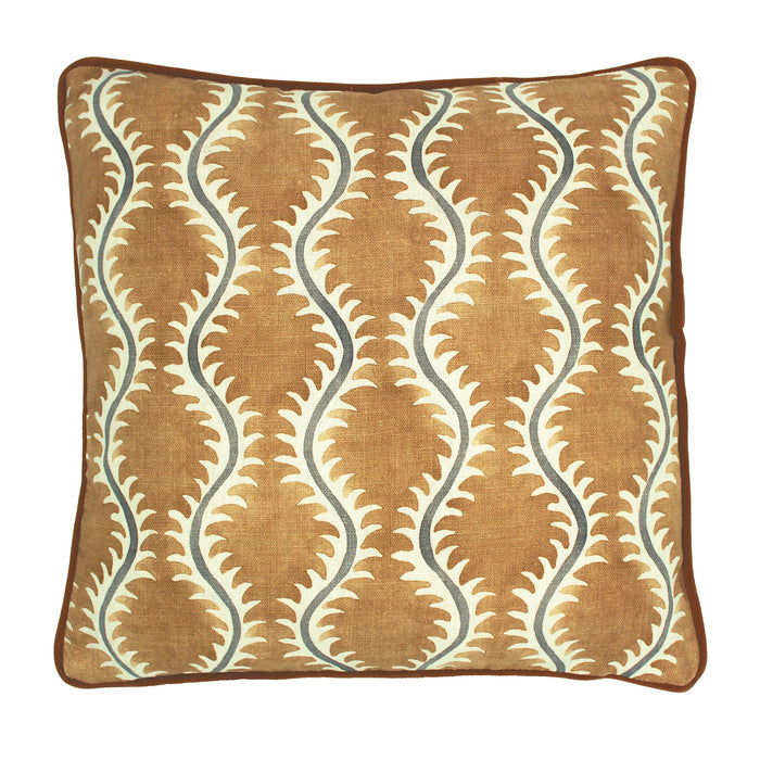 A mustard, grey and brown linen cushion with a all-over repeat pattern and velvet piping.
