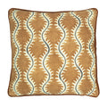 A mustard, grey and brown linen cushion with a all-over repeat pattern and velvet piping.