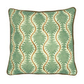 A green, brown and cream linen cushion with a all-over repeat pattern and velvet piping.