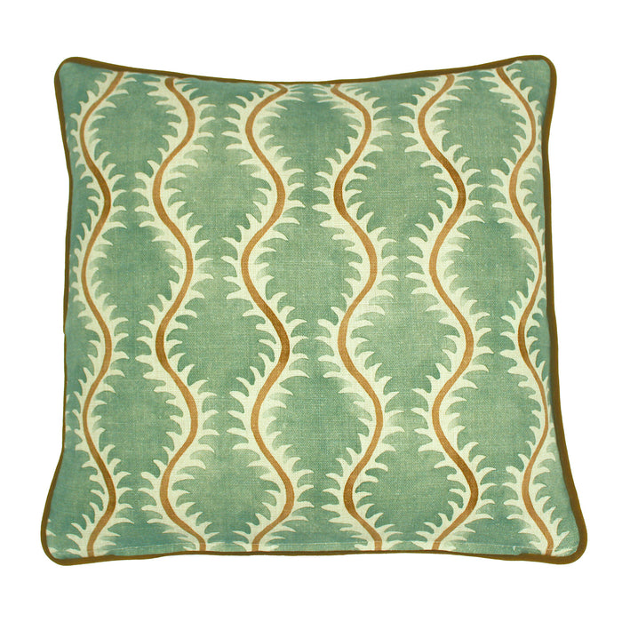 A green, brown and cream linen cushion with a all-over repeat pattern and velvet piping.