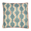 A blue, orange and cream linen cushion with a all-over repeat pattern and linen piping.