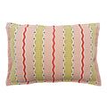 Decorative pink cushion with colourful striped pattern.