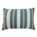 Decorative pillow with blue, gold, and white striped pattern.