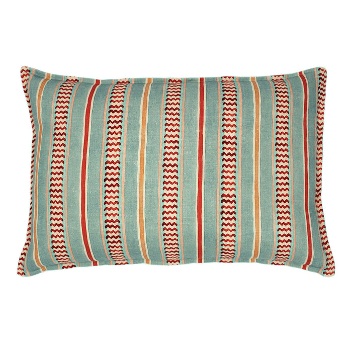 Cushion featuring vibrant yet casual pink and blues stripes on the front and back. Made from pure linen.