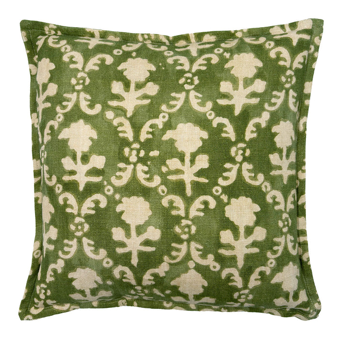 Decorative green pillow with a ivory floral pattern.